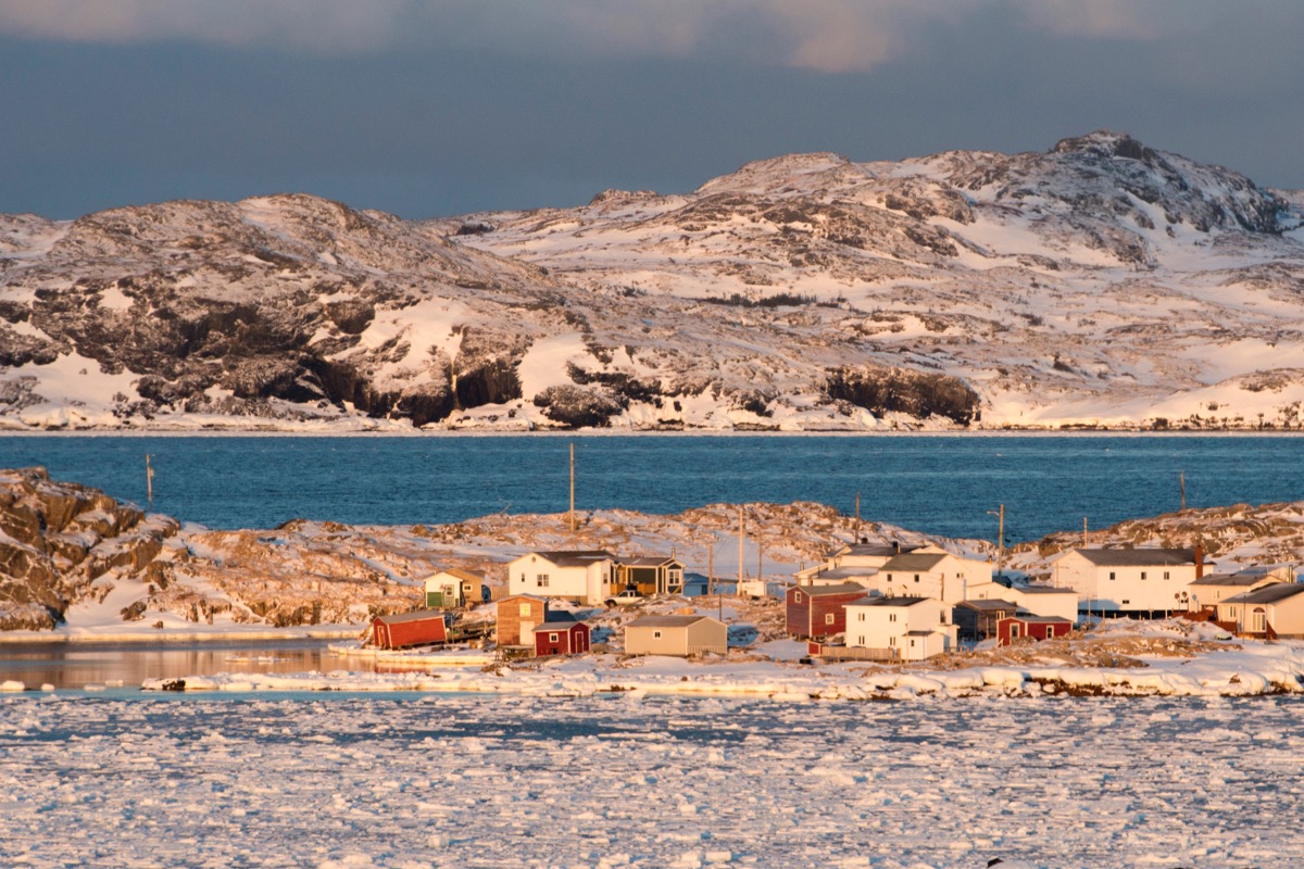 Aerial view of Fogo Island community during winter.