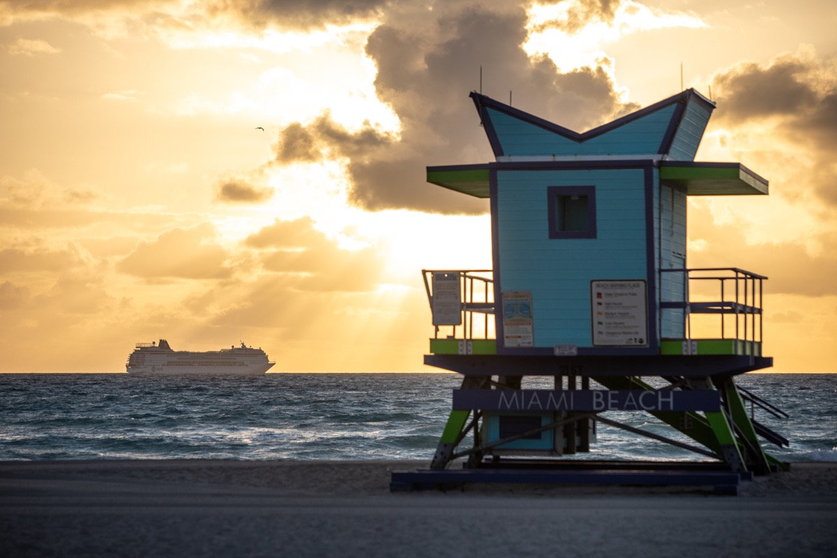 Miami Beach lifeguard tower with cruise ship in background