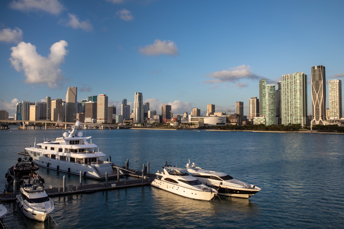 Miami skyline with luxury boats on the water
