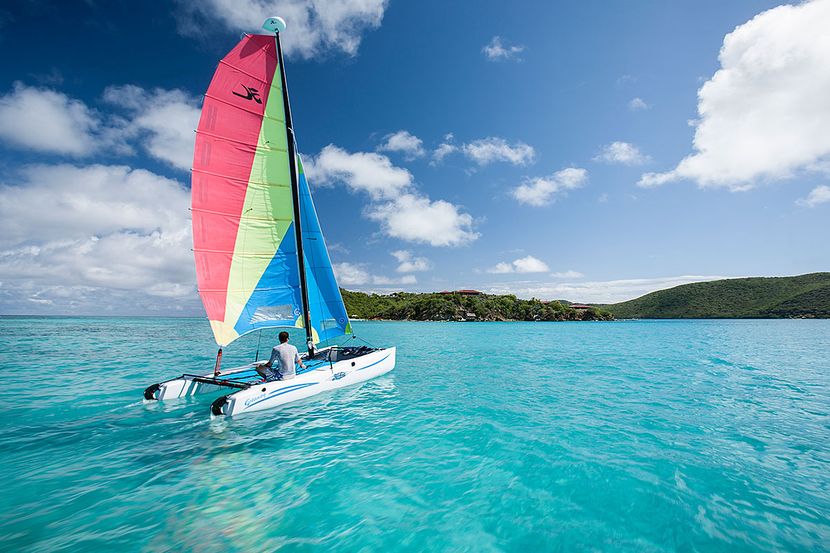Hobie cat sailing on the back side of Prickly Pear Island, near Virgin Gorda. British Virgin Islands